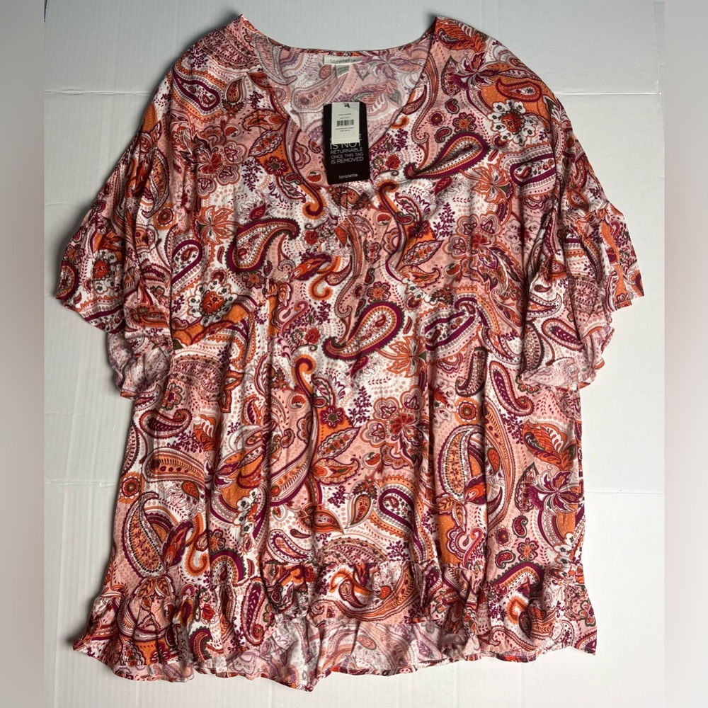Loralette Women's 30 32 Shirt Tunic Floral Paisley Ruffle 3/4 Sleeve New Viscose